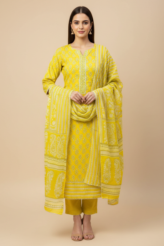 Lemon Gold Cotton Unstitched Salwar Suit With Cotton Dupatta