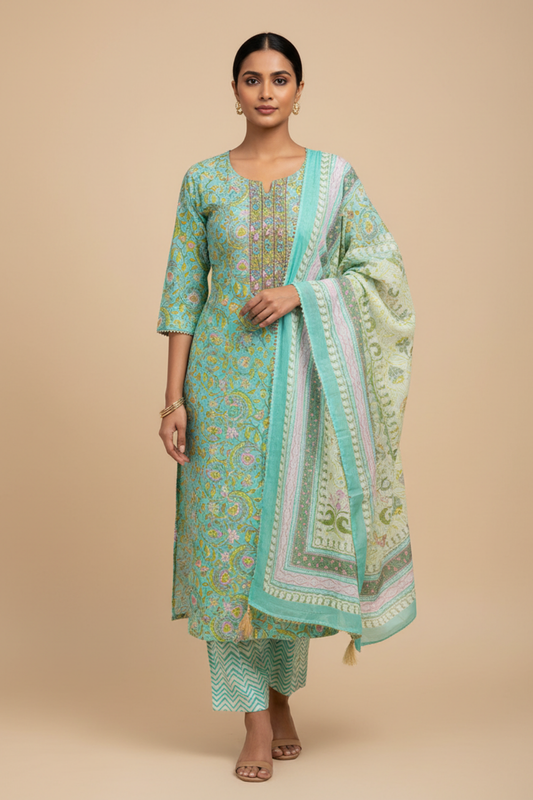 Tea Green Cotton Unstitched Salwar Suit With Cotton Dupatta