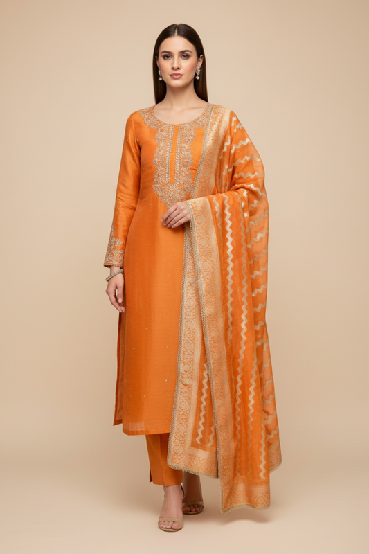 Mustard Shimmer Unstitched Salwar Suit With Organza Dupatta
