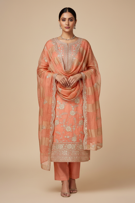 Peach Organza Unstitched Salwar Suit With Tissue Dupatta