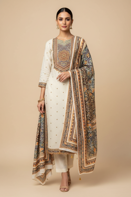 Off White Crepe Unstitched Salwar Suit With Crepe Dupatta