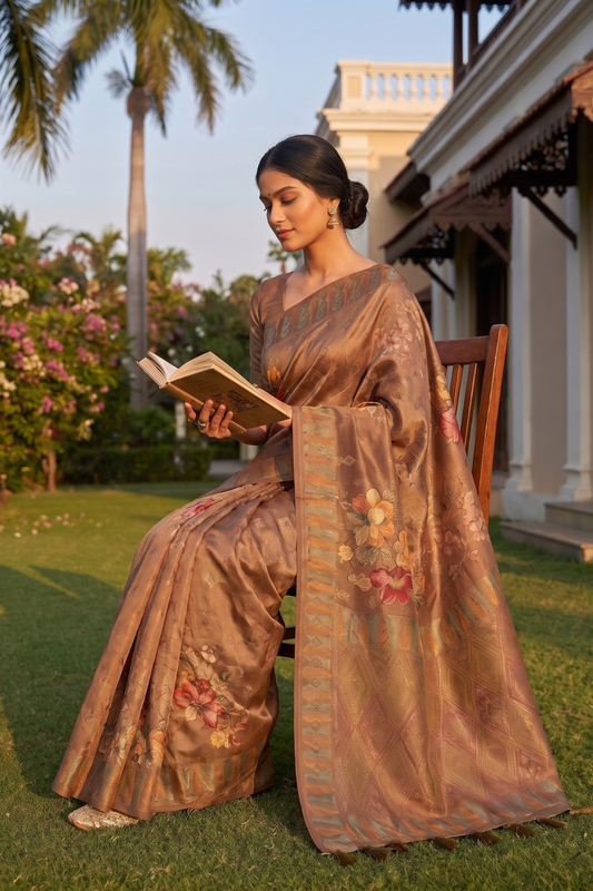 Tussar Organza Floral Printed Saree With Unstitched Blouse