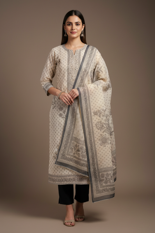 Tussar Black Cotton Unstitched Salwar Suit With Cotton Dupatta