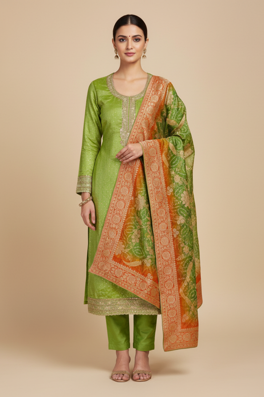 Parrot Organza Unstitched Salwar Suit With Dola Silk Dupatta