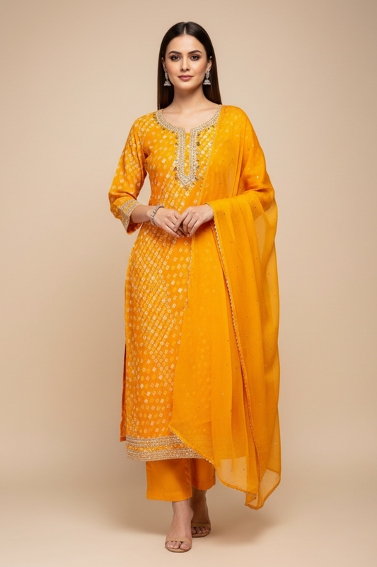 Mustard Cotton Unstitched Salwar Suit With Chiffon Dupatta