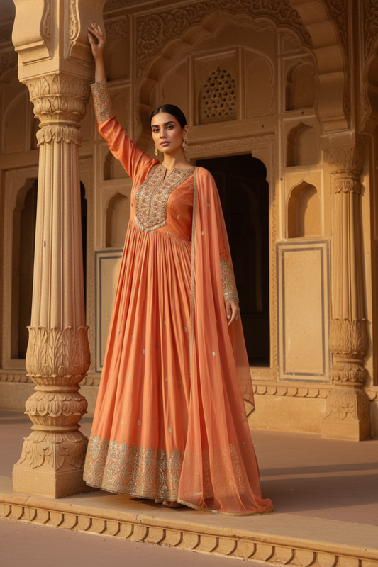 Graceful Flow Peach Tissue Readymade Suit And Pant With Net Dupatta