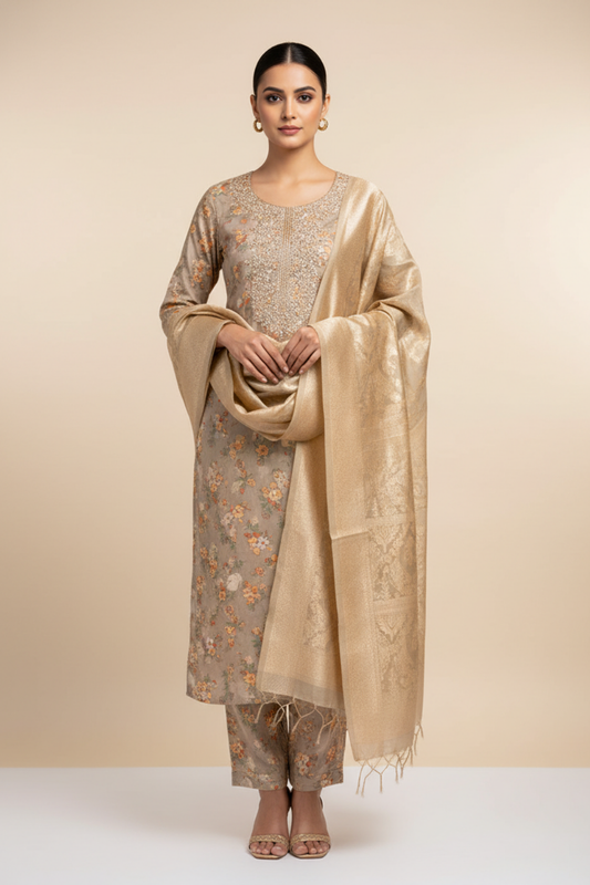 Olive Cotton Unstitched Salwar Suit With Cotton Dupatta