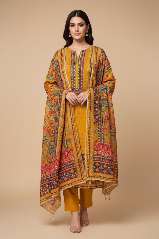 Mustard Chinon Unstitched Salwar Suit With Chinon Dupatta