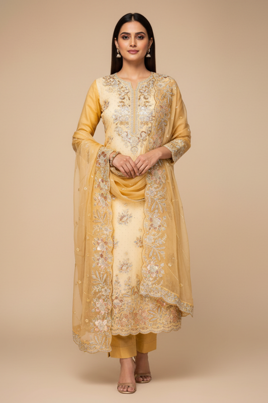 Mango Gold Organza Unstitched Salwar Suit With Dupatta