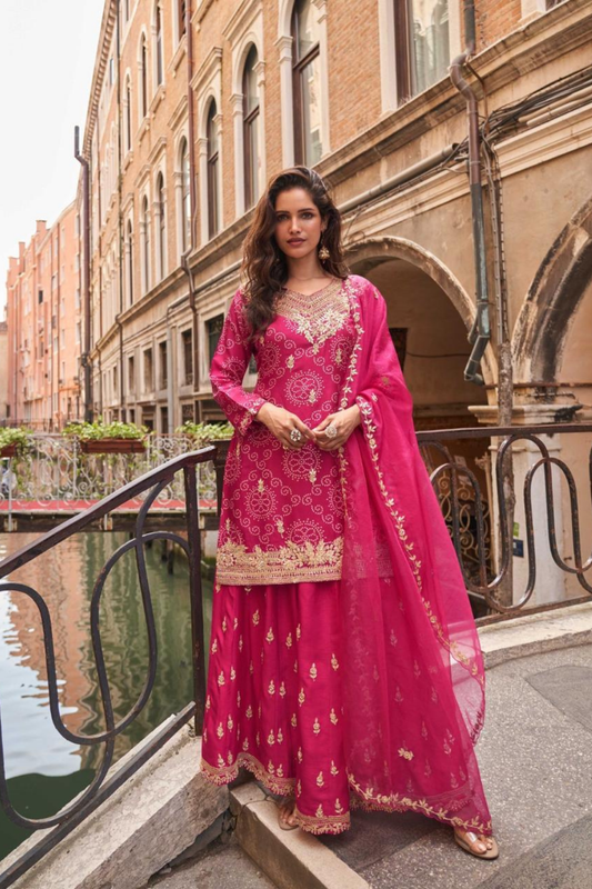 Rani Chinon Readymade Sharara Set With Organza Dupatta