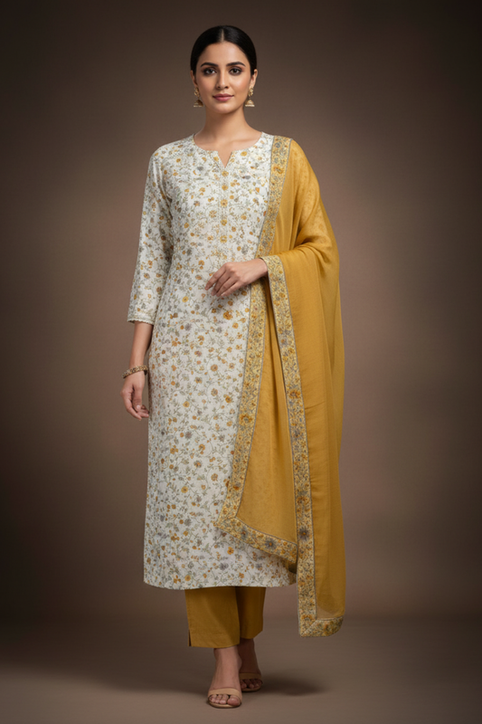 Off White Mango Gold Cotton Unstitched Salwar Suit With Chiffon Dupatta