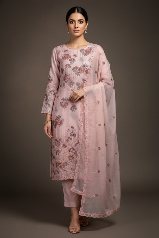 Peach Cotton Unstitched Salwar Suit With Cotton Dupatta