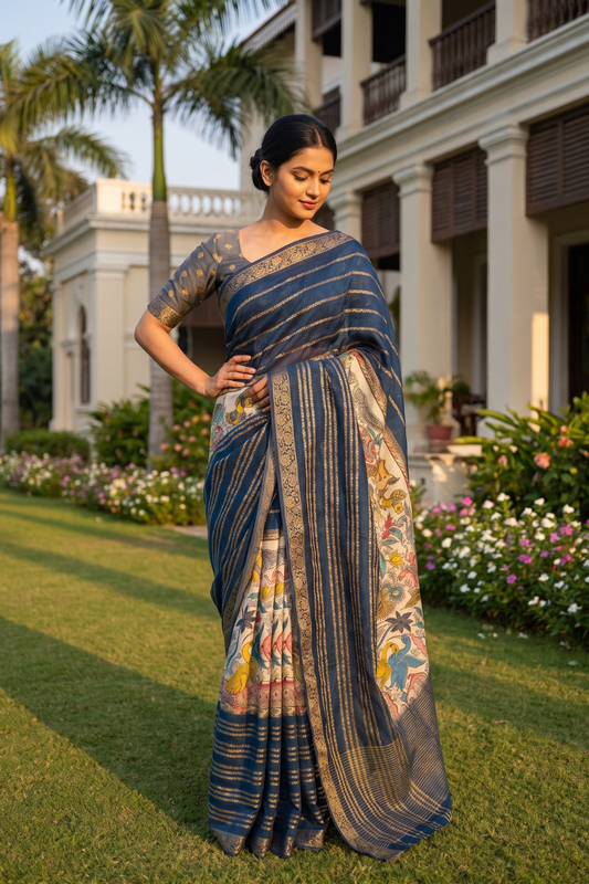 Tusser Navy Muslin Printed Saree With Unstitched Blouse