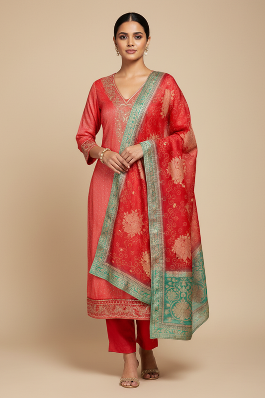 Rust Organza Unstitched Salwar Suit With Dola Silk Dupatta