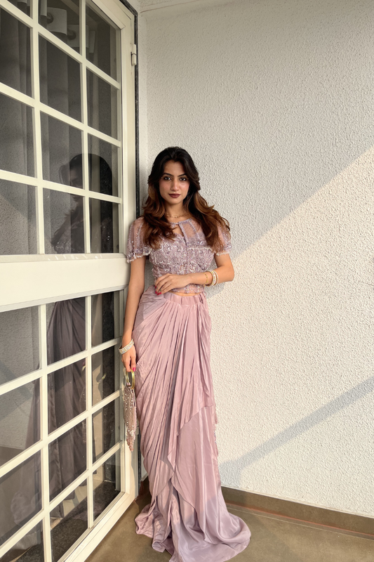 Metallic Mauve Net Indo Western Set With Saree Style Skirt (Ft:-Samiksha Thombare)