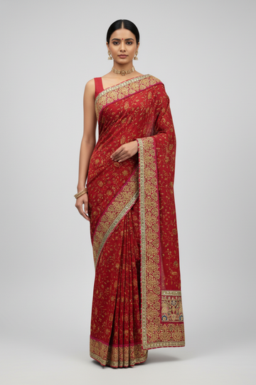 Maroon Crepe Embriodered Saree With Unstitched Blouse