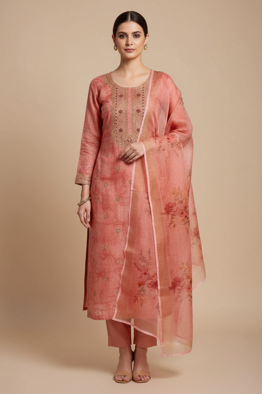 Peach Cotton Unstitched Salwar Suit With Cotton Dupatta