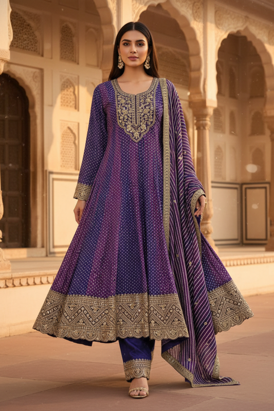 Draped in Royalty Purple Readymade Suit And Pant With Chinon Dupatta