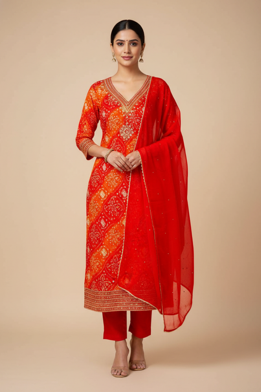 Red Cotton Unstitched Salwar Suit With Chiffon Dupatta