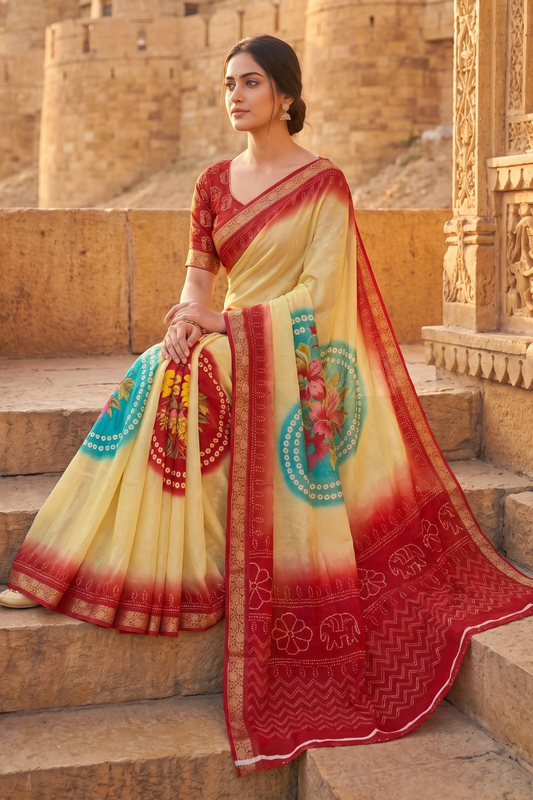 Off White Red Chinon Bandhini Printed Saree With Unstitched Blouse