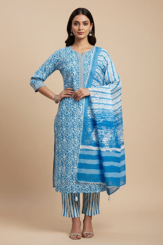 Sky Blue Cotton Unstitched Salwar Suit With Cotton Dupatta