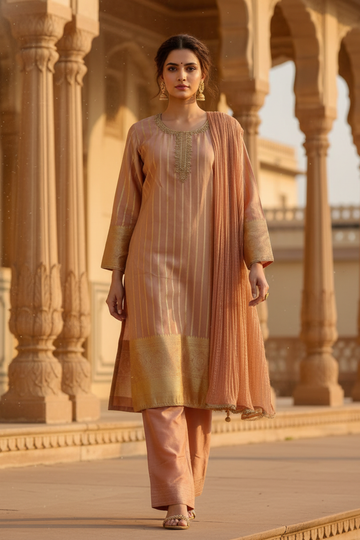 Graceful Flow Peach Tissue Readymade Suit And Pant With Chinon Dupatta