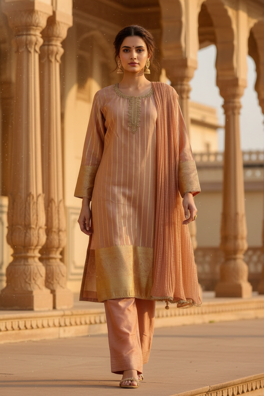 Graceful Flow Peach Tissue Readymade Suit And Pant With Chinon Dupatta
