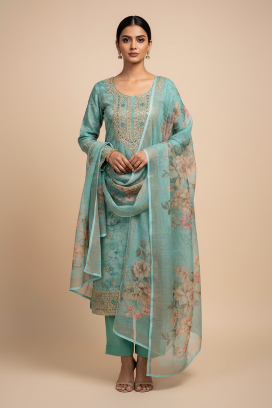 Tea Green Cotton Unstitched Salwar Suit With Cotton Dupatta