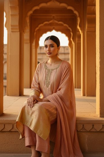 Graceful Flow Peach Tissue Readymade Suit And Pant With Chinon Dupatta