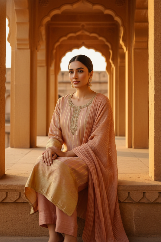 Graceful Flow Peach Tissue Readymade Suit And Pant With Chinon Dupatta