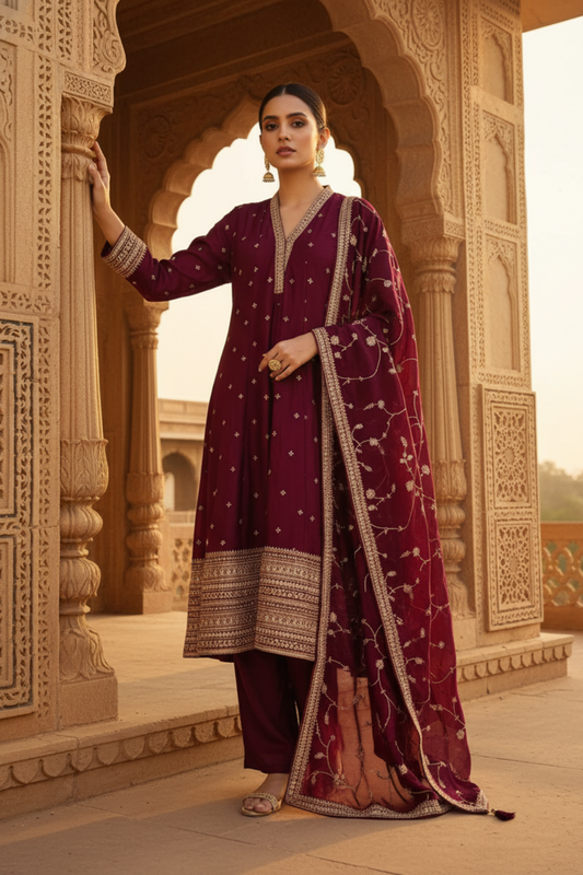 Heritage Heirloom Maroon Chinon Readymade Suit And Plazzo With Chinon Dupatta