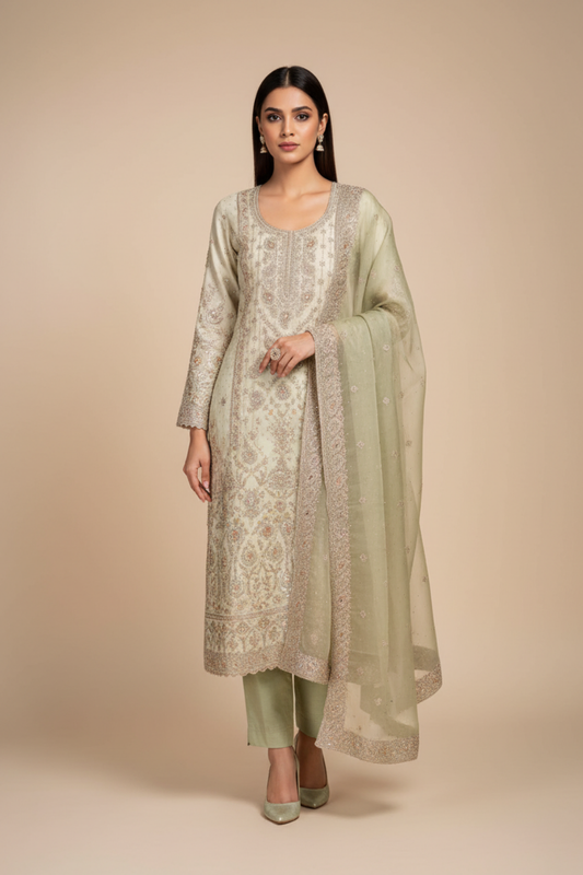 Pista Organza Unstitched Salwar Suit With Organza Dupatta