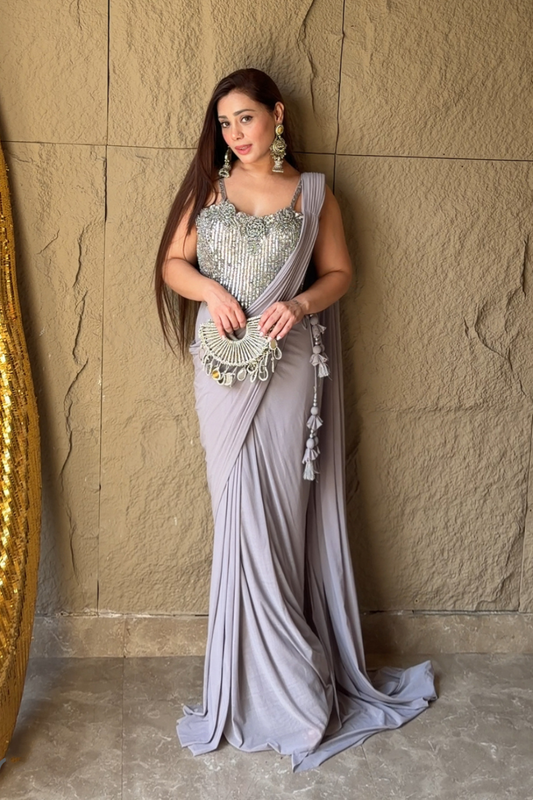 Grey Lycra Pre-Draped Designer Saree With Readymade Blouse (Ft:-Samiksha Thombare & Ankita Raghav Arora))