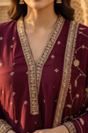 Heritage Heirloom Maroon Chinon Readymade Suit And Plazzo With Chinon Dupatta