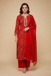 Red Cotton Unstitched Salwar Suit With Chiffon Dupatta