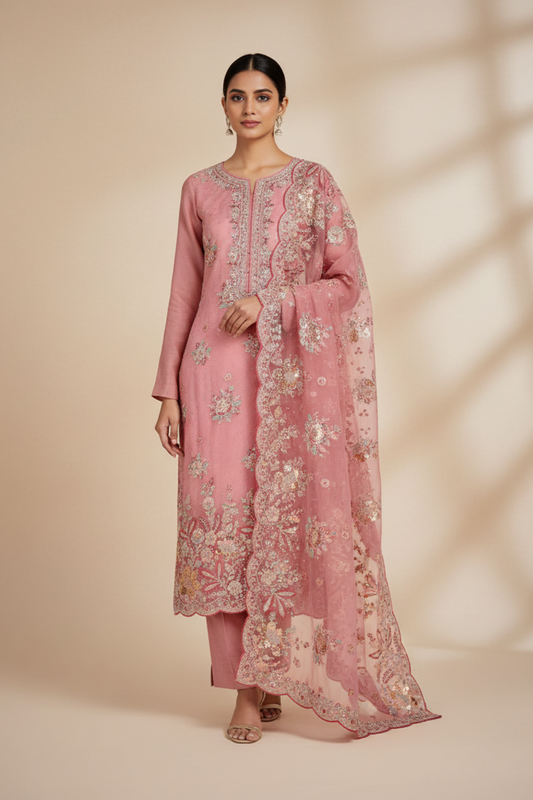 Gajari Organza Unstitched Salwar Suit With Organza Dupatta