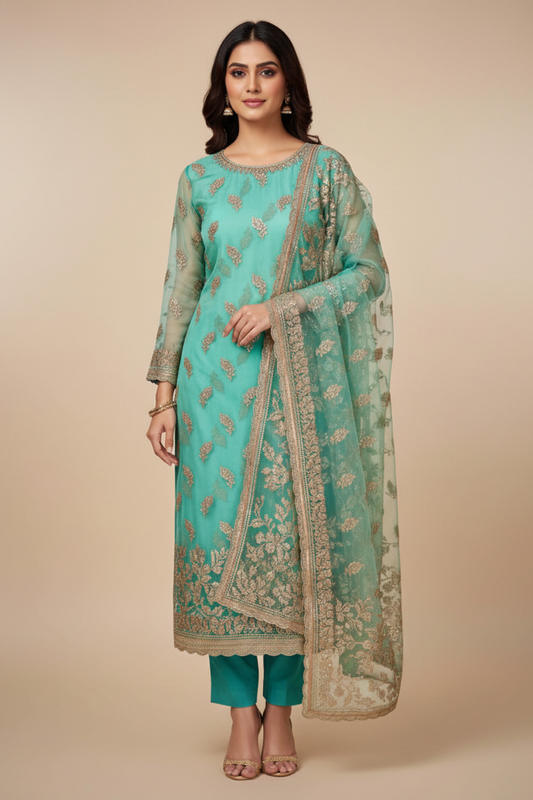 Tea Green Organza Unstitched Salwar Suit With Organza Dupatta