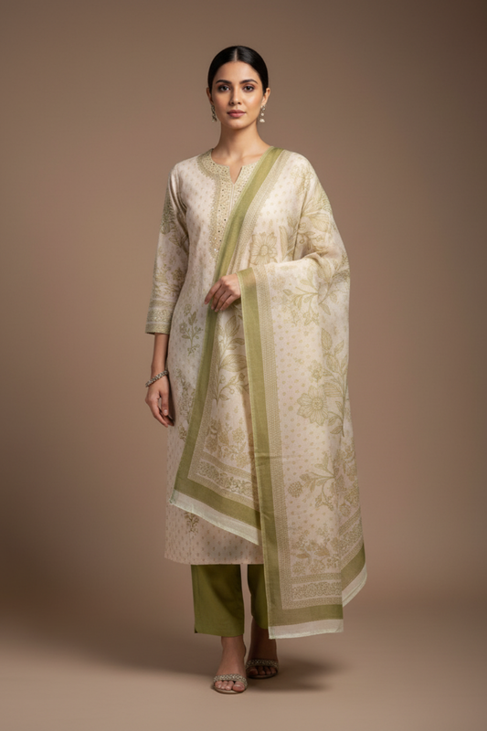 Tussar Pista Cotton Unstitched Salwar Suit With Cotton Dupatta