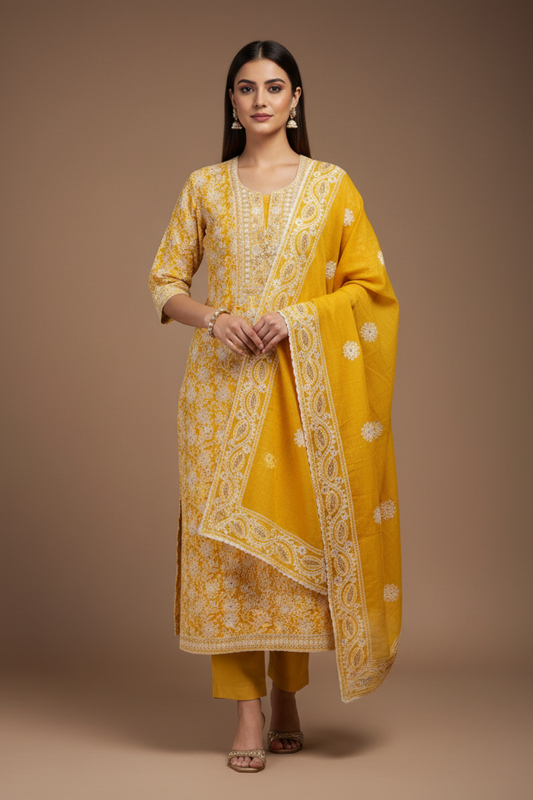 Lemon Gold Cotton Unstitched Salwar Suit With Cotton Dupatta