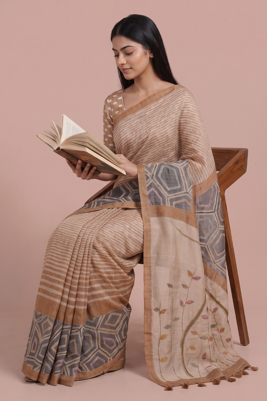 Tusser Off White Cotton Embroidered Saree With Unstitched Blouse