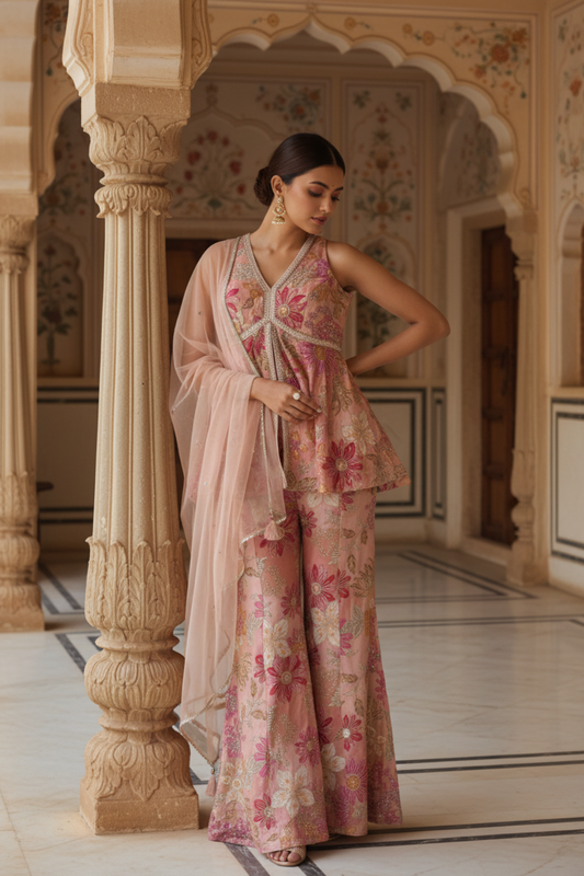 Peach Crepe Readymade Sharara Set With Net Dupatta
