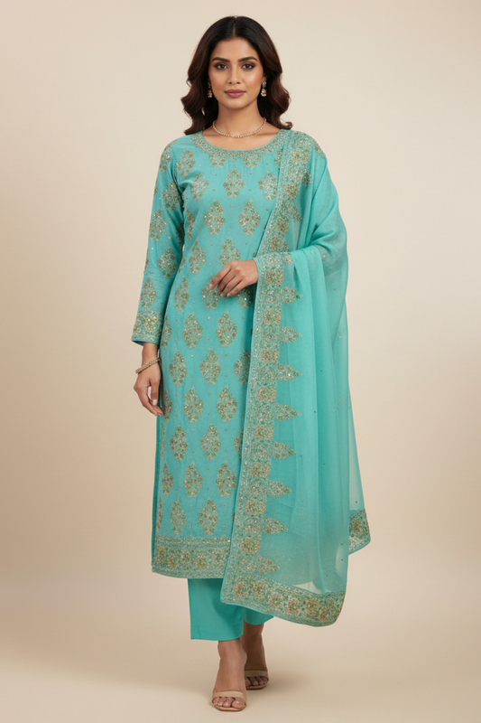 Tea Green Crepe Unstitched Salwar Suit With Chiffon Dupatta