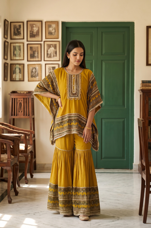 Golden Mehfil Mehndi Crepe Readymade Sharara Set With Dupatta