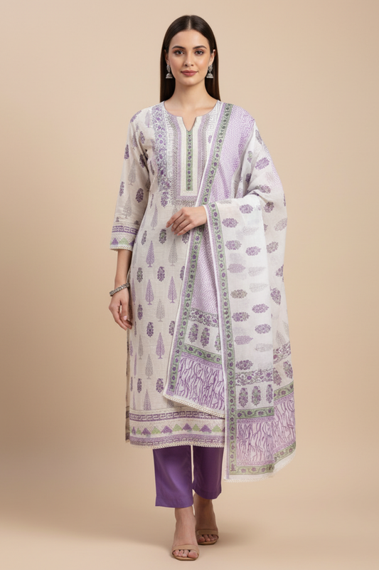 Tussar Mauve Cotton Floral Printed Unstitched Salwar Suit With Cotton Dupatta