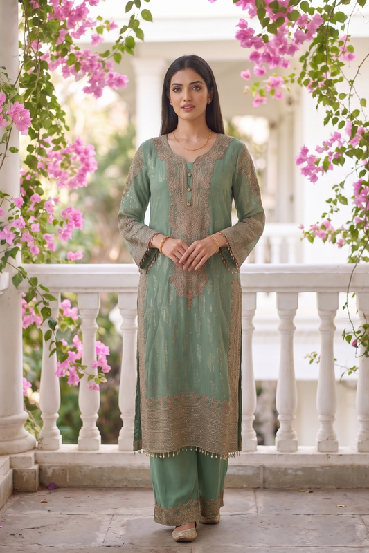 Seafoam Grace Sea Green Georgette Readymade Suit And Palazzo With Georgette Dupatta