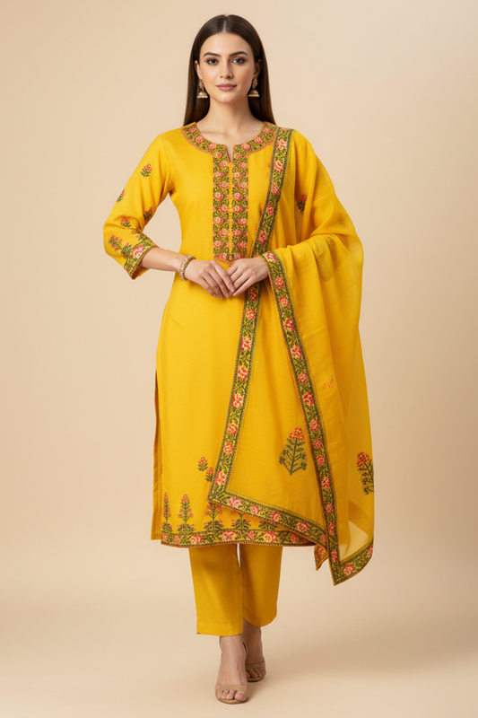 Mustard Georgette Unstitched Salwar Suit With Cotton Dupatta