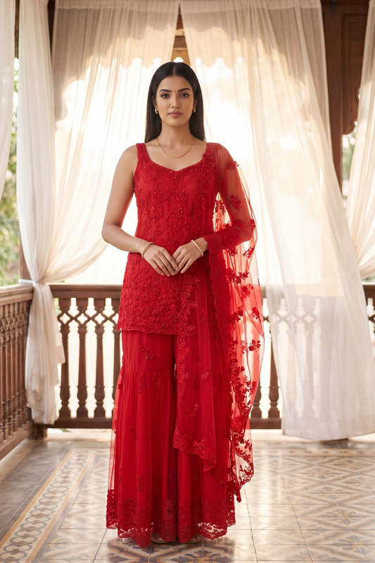 Scarlet Romance Red Net Readymade Sharara Set With Net Dupatta