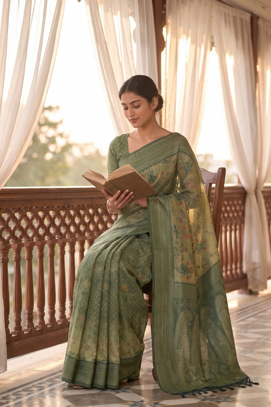 Pista Muslin Floral Printed Saree With Unstitched Blouse