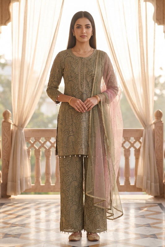 Quiet Luxe Grey Georgette Readymade Suit And Pant With Georgette Dupatta
