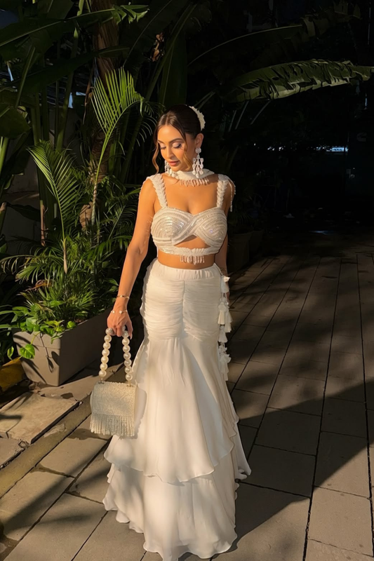 White Chinon Lehenga Set And Net Dupatta With Readymade Blouse (Ft. krystle Dsouza)